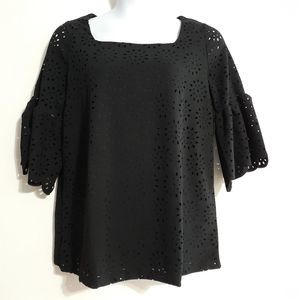 Jessica London Black Bell Sleeve Tunic Top w/Floral Cut Out Overlay 12 NWOT NEW